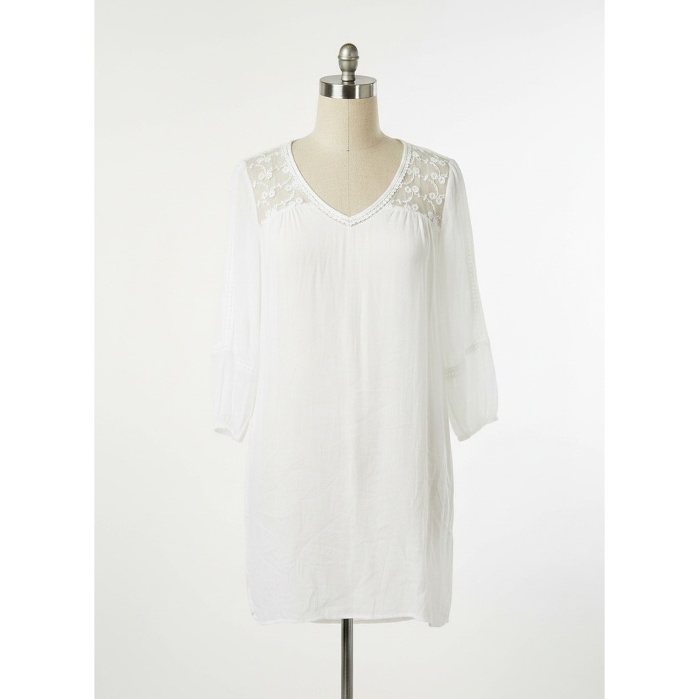 Indigo Rose White Lace Boho Tunic Dress V Neck 3/4 Sleeve Small‎